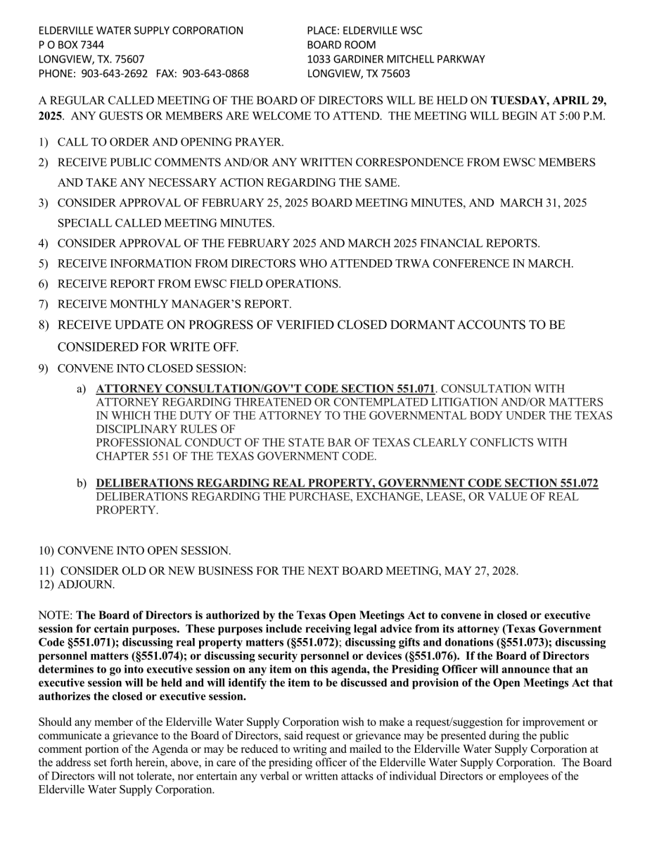 April 2025 Agenda